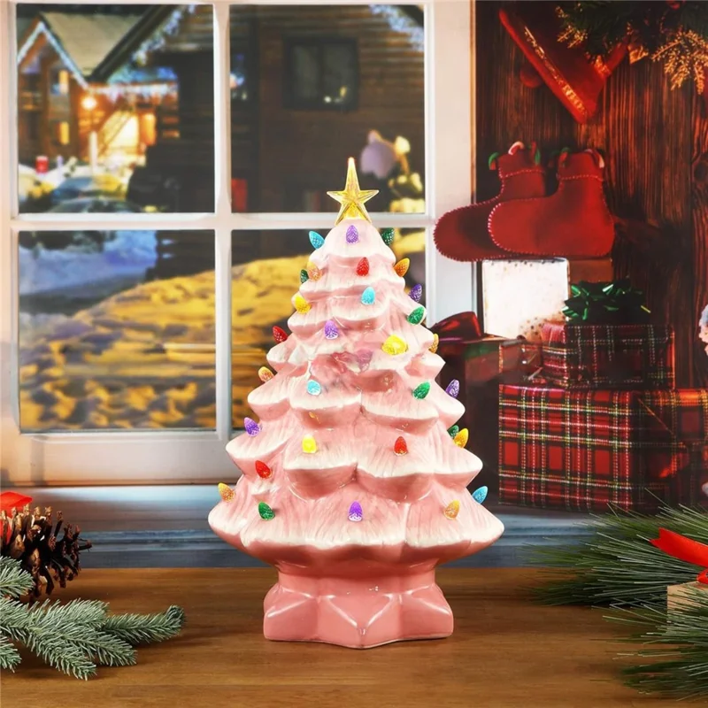 10cm LED Christmas Tree Ornaments Resin Tabletop Christmas Decorations with Multicolored Lights - Pink