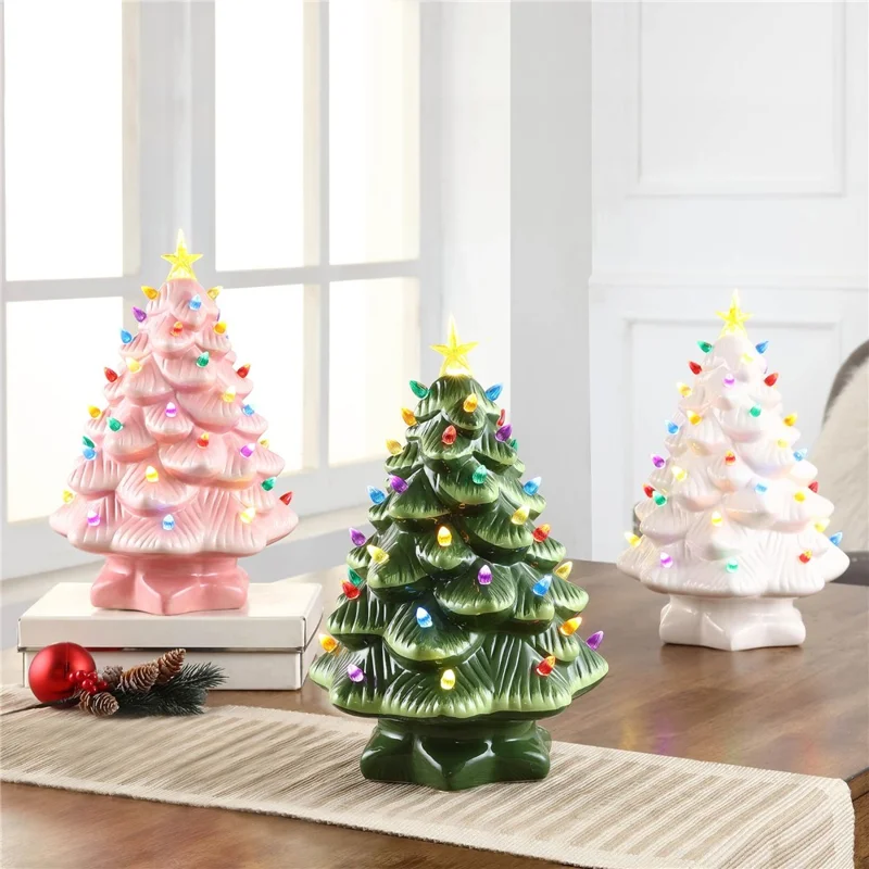 10cm LED Christmas Tree Ornaments Resin Tabletop Christmas Decorations with Multicolored Lights - Pink