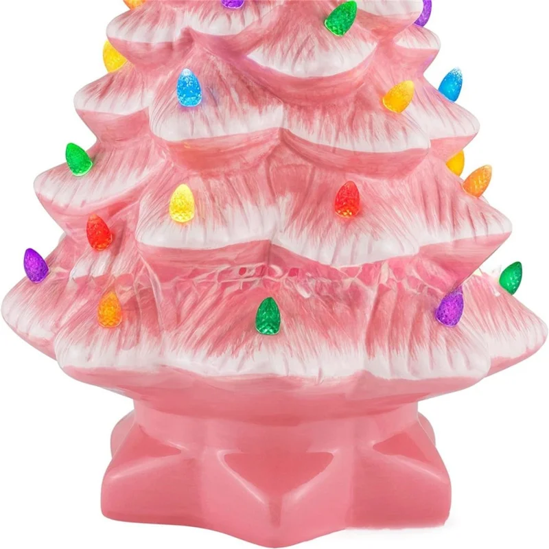 10cm LED Christmas Tree Ornaments Resin Tabletop Christmas Decorations with Multicolored Lights - Pink