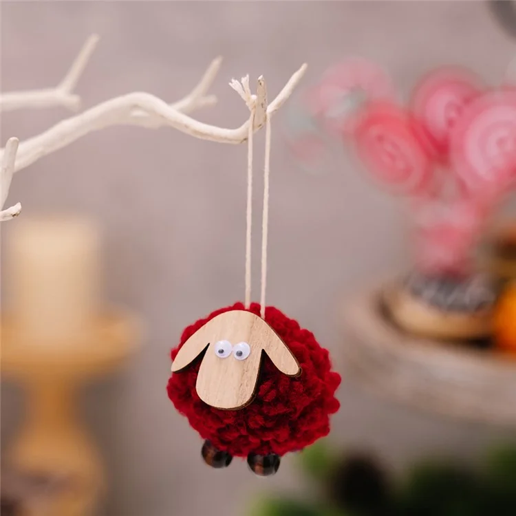 Pendientes de Árbol de Navidad Cordero de Madera Oveja Fleece Ornamento Colgante Decoración de Árboles de Navidad - Rojo