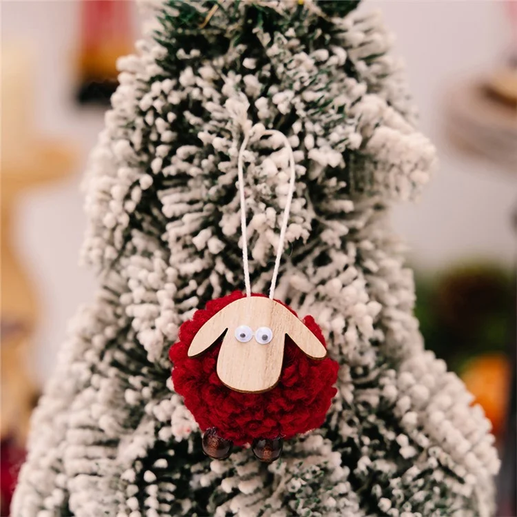 Pendientes de Árbol de Navidad Cordero de Madera Oveja Fleece Ornamento Colgante Decoración de Árboles de Navidad - Rojo