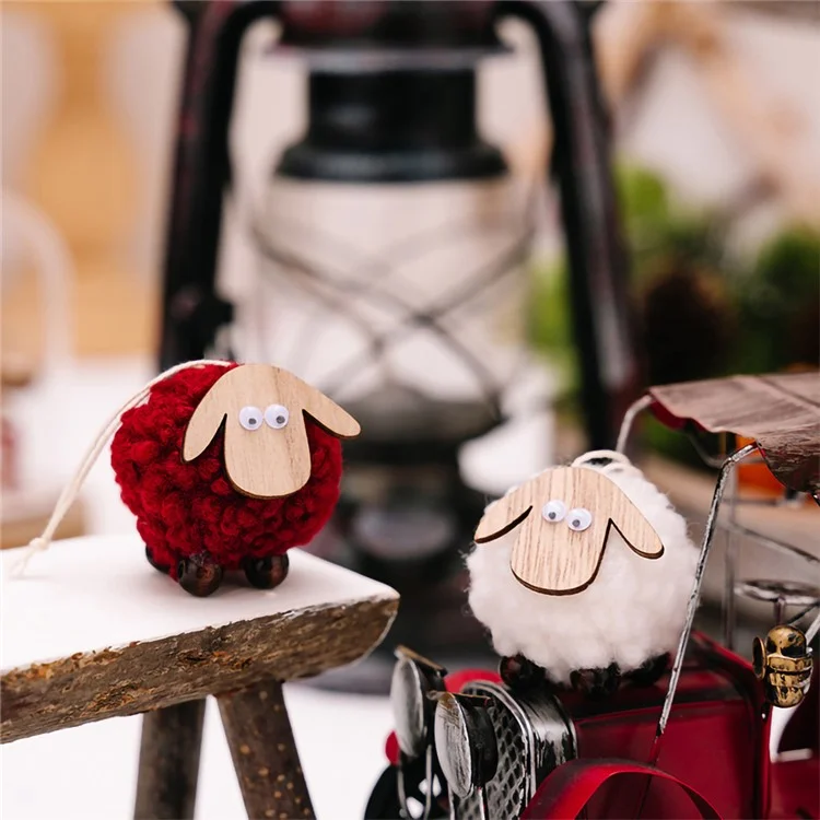 Pendientes de Árbol de Navidad Cordero de Madera Oveja Fleece Ornamento Colgante Decoración de Árboles de Navidad - Rojo