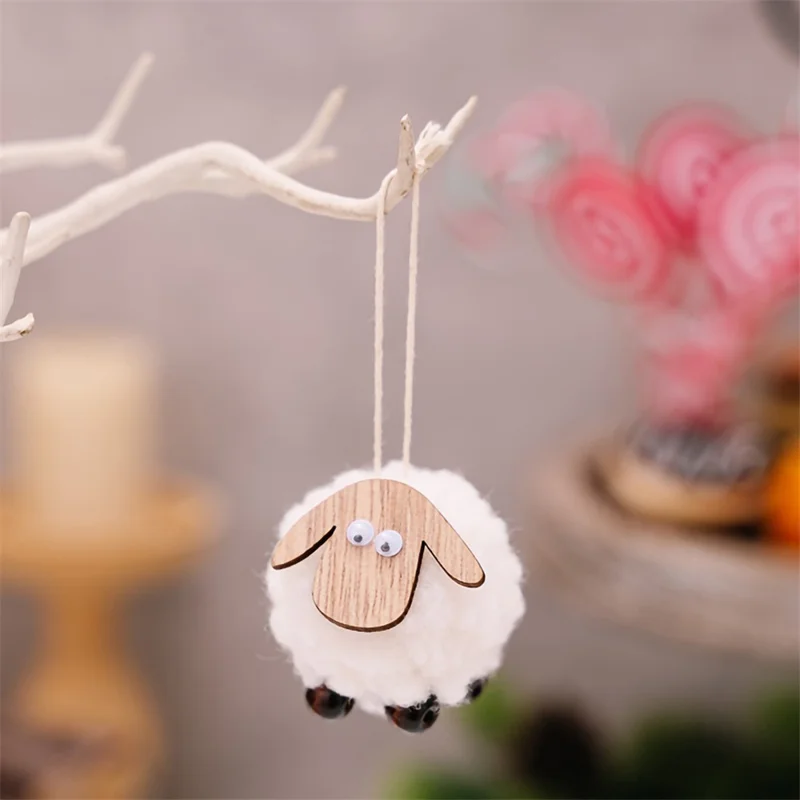 Christmas Tree Pendants Wooden Lamb Sheep Fleece Hanging Ornament Gift Xmas Tree Decoration - White