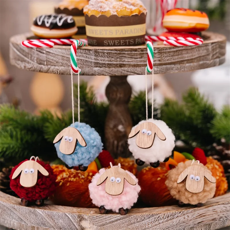 Christmas Tree Pendants Wooden Lamb Sheep Fleece Hanging Ornament Gift Xmas Tree Decoration - White
