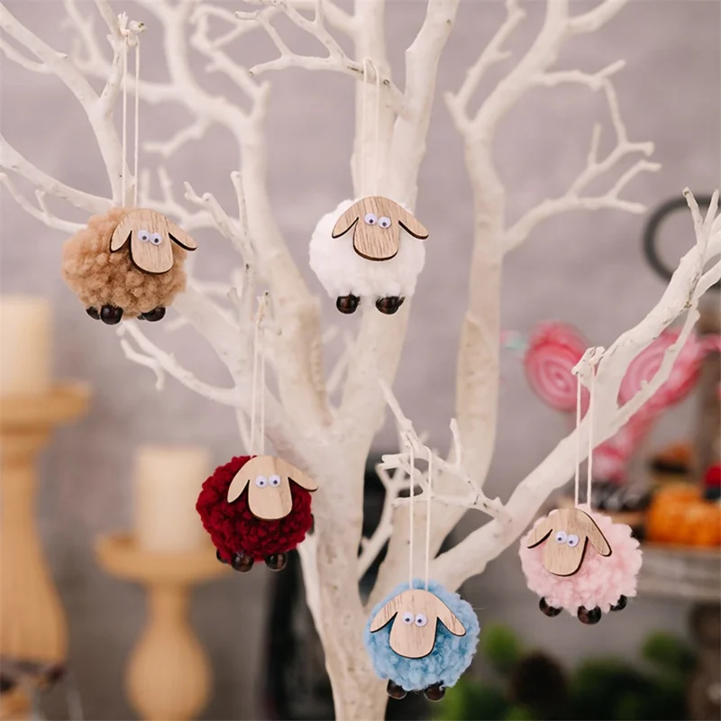 Christmas Tree Pendants Wooden Lamb Sheep Fleece Hanging Ornament Gift Xmas Tree Decoration - White