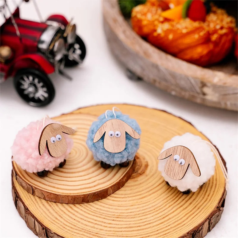 Christmas Tree Pendants Wooden Lamb Sheep Fleece Hanging Ornament Gift Xmas Tree Decoration - White