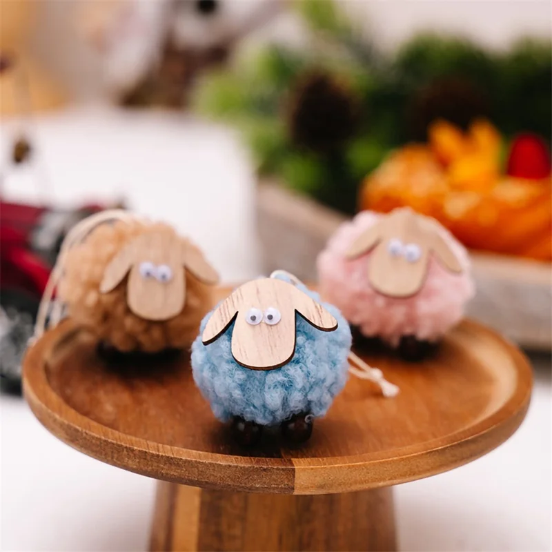 Christmas Tree Pendants Wooden Lamb Sheep Fleece Hanging Ornament Gift Xmas Tree Decoration - White