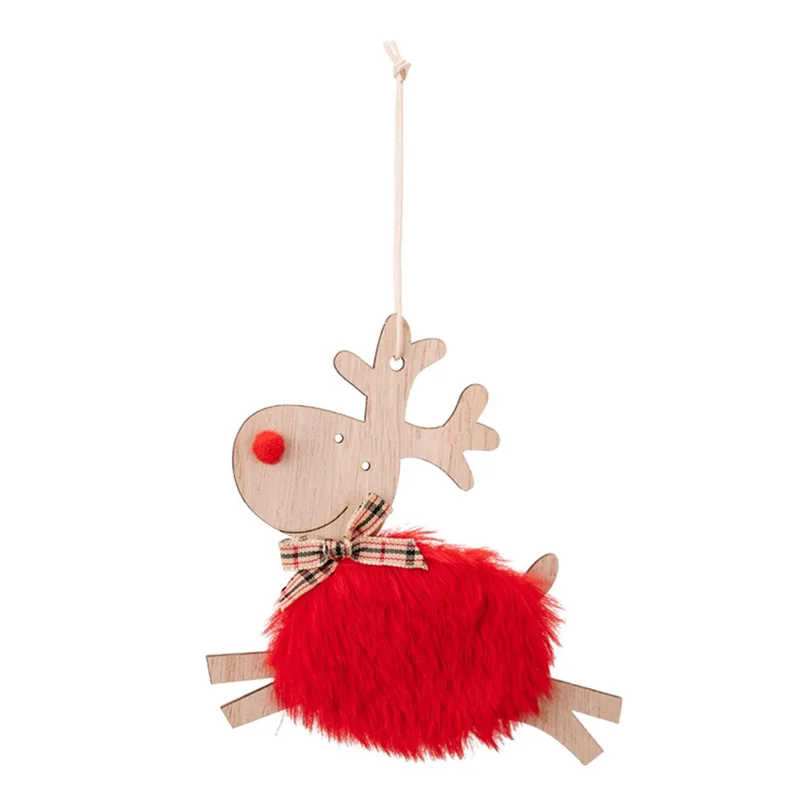 Christmas Elk Hanging Ornaments Wooden Reindeer Plush Pendants Christmas Tree Decor - Red