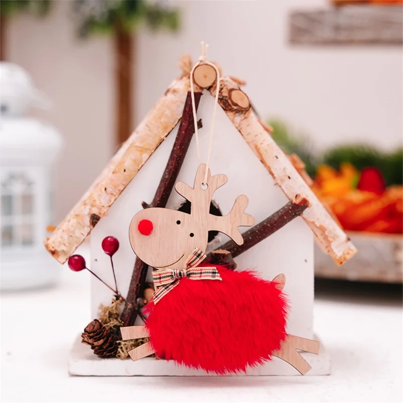 Christmas Elk Hanging Ornaments Wooden Reindeer Plush Pendants Christmas Tree Decor - Red