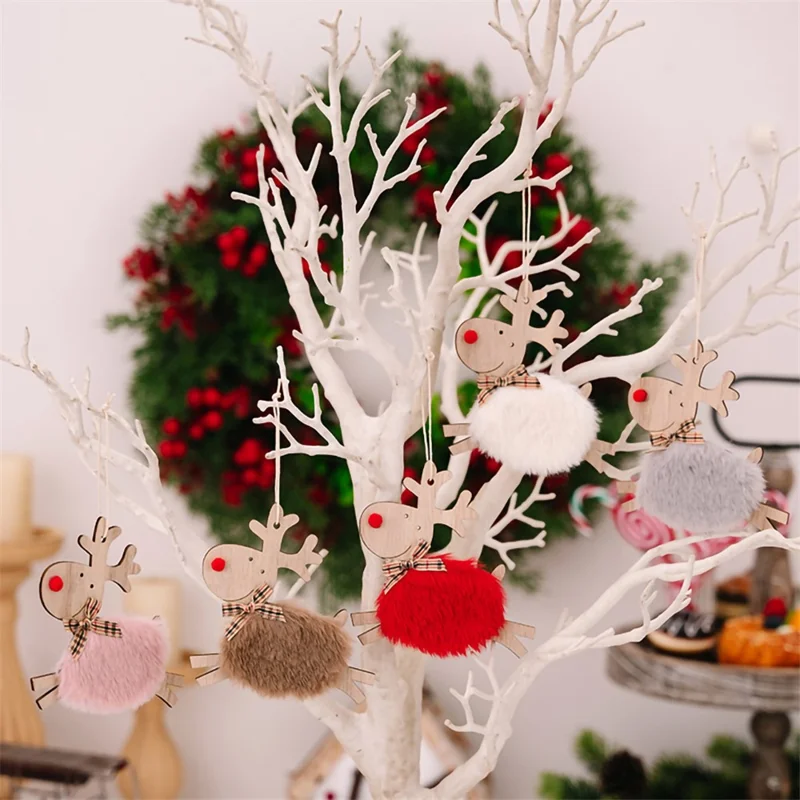 Christmas Elk Hanging Ornaments Wooden Reindeer Plush Pendants Christmas Tree Decor - Red