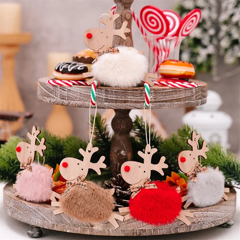 Christmas Elk Hanging Ornaments Wooden Reindeer Plush Pendants Christmas Tree Decor - Red