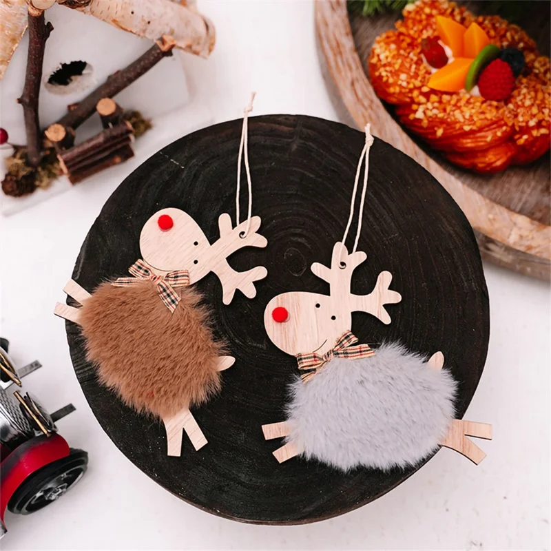 Christmas Elk Hanging Ornaments Wooden Reindeer Plush Pendants Christmas Tree Decor - Red