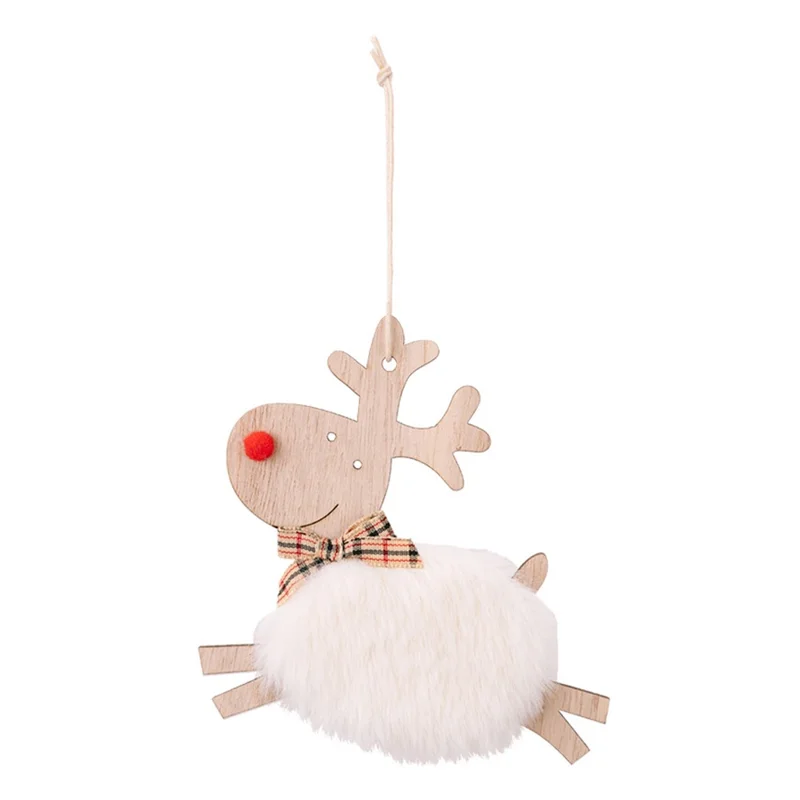 Christmas Elk Hanging Ornament Gifts Wooden Reindeer Plush Pendants Christmas Tree Decor - White