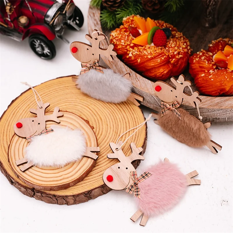 Christmas Elk Hanging Ornament Gifts Wooden Reindeer Plush Pendants Christmas Tree Decor - White