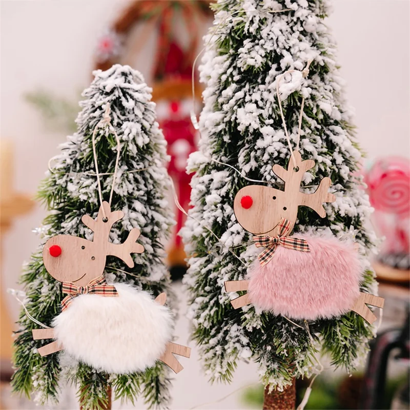 Christmas Elk Hanging Ornament Gifts Wooden Reindeer Plush Pendants Christmas Tree Decor - White