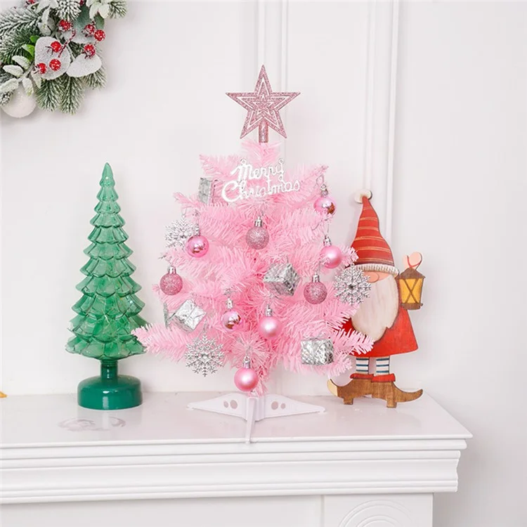 40cm Mini Tabletop Christmas Tree PVC Christmas Tree with Hanging Ornaments for DIY Christmas Decoration - Pink