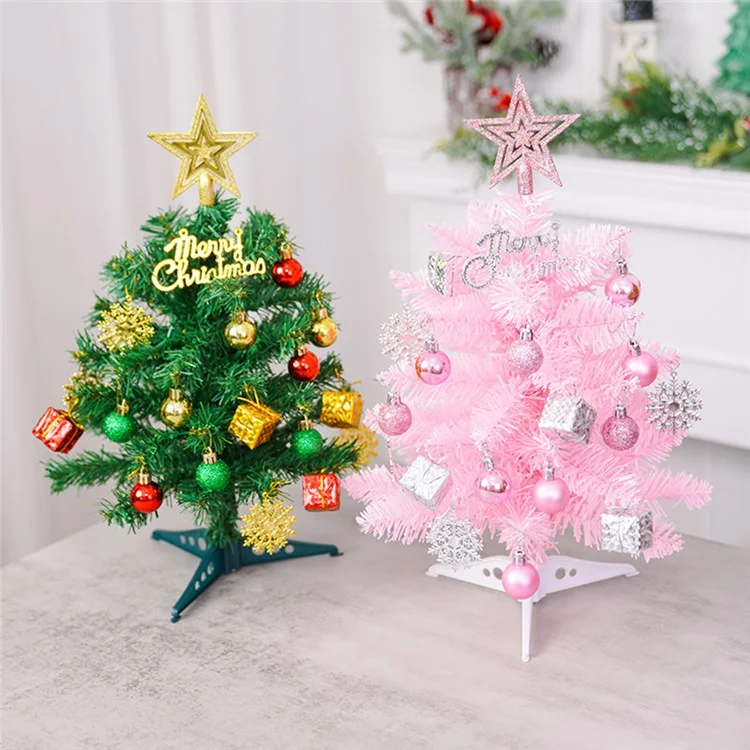 40cm Mini Tabletop Christmas Tree PVC Christmas Tree with Hanging Ornaments for DIY Christmas Decoration - Pink