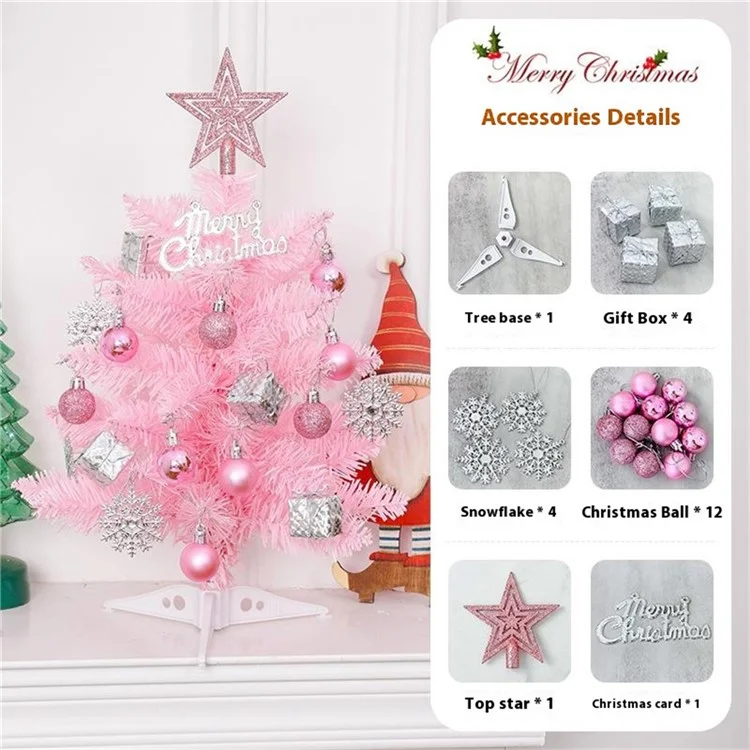 40cm Mini Tabletop Christmas Tree PVC Christmas Tree with Hanging Ornaments for DIY Christmas Decoration - Pink