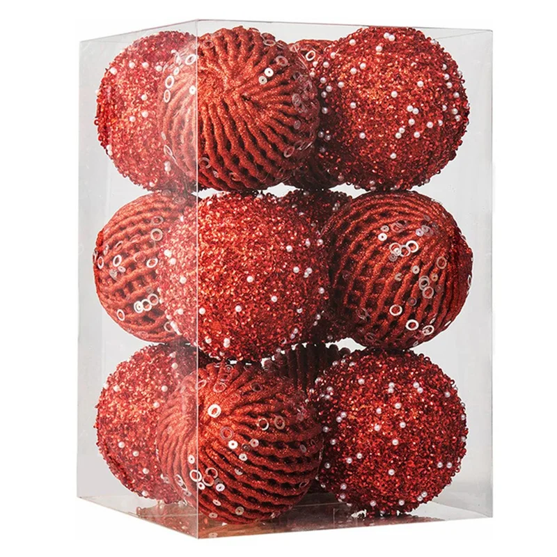12Pcs / Set 8cm Christmas Ball Foam + Plastic Xmas Tree Decoration Holiday Hanging Ornament - Red