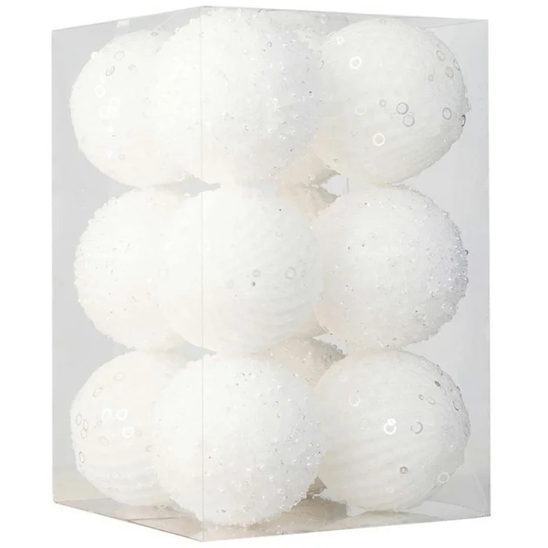 12Pcs / Set 8cm Christmas Ball Foam + Plastic Xmas Tree Decoration Holiday Hanging Ornament - White