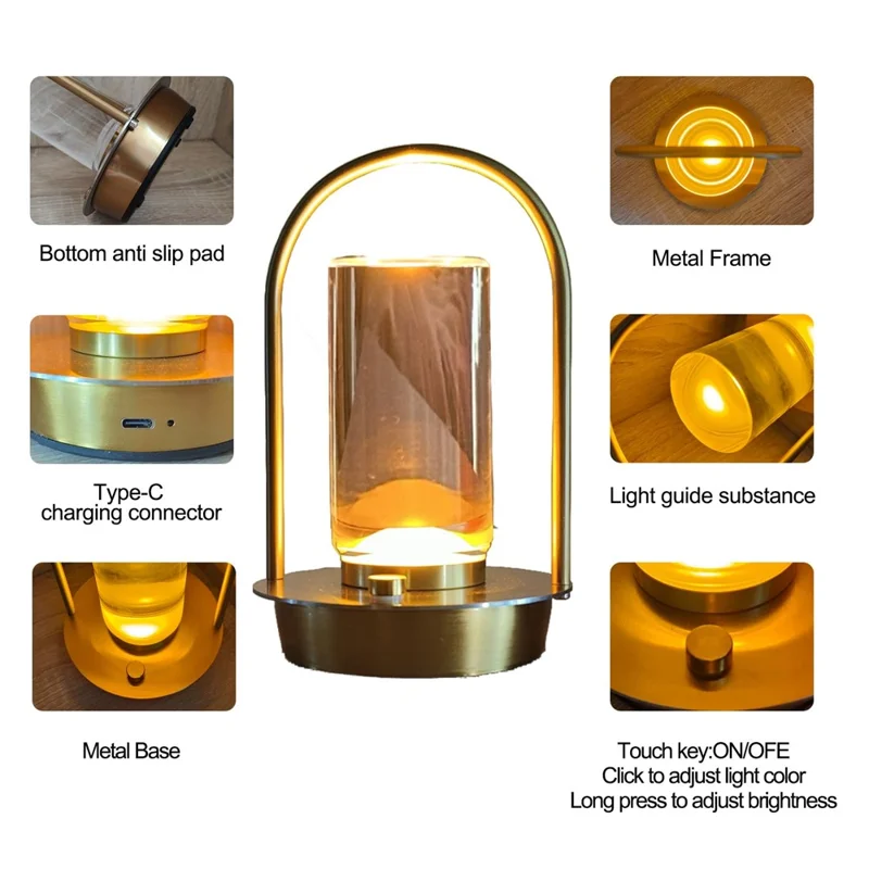 Lumière D'atmosphère Portable Light Rechargeable LED Metal Table Lampe Touch Touch Bedroom Bedside Night Light - Couleur Cuivre