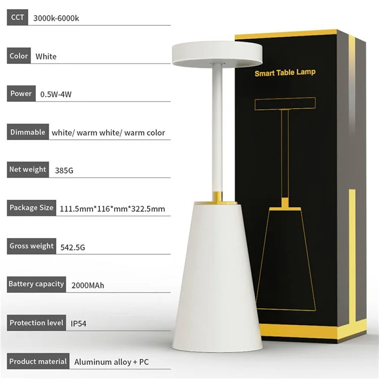 Table Lamp Touch Control Stepless Dimming Wireless Charging Bedroom Bedside Night Light Metal + PC Atmosphere Lamp - White