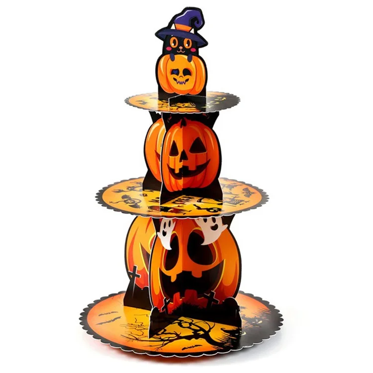 Halloween 3-Tier Cupcake Stand Tower Cardboard Cake Dessert Stand Halloween Tray for Halloween Party - Pumpkin