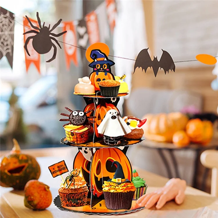 Halloween 3-Tier Cupcake Stand Tower Cardboard Cake Dessert Stand Halloween Tray for Halloween Party - Pumpkin