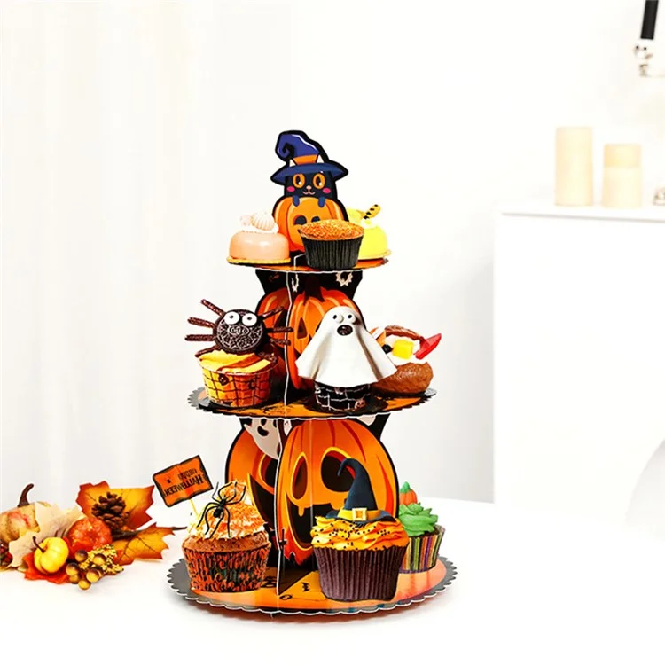 Halloween 3-Tier Cupcake Stand Tower Cardboard Cake Dessert Stand Halloween Tray for Halloween Party - Pumpkin