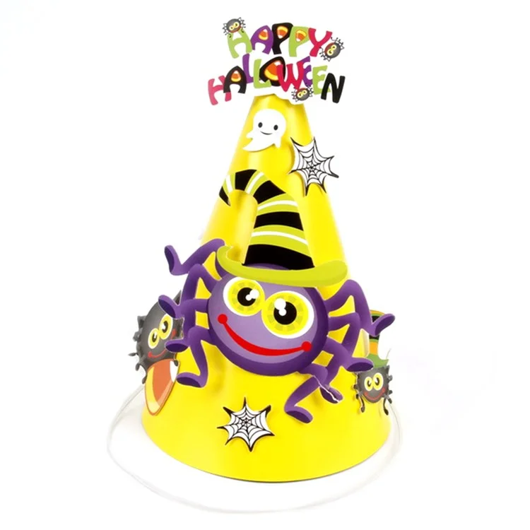 PJ-WMZ-02 Halloween Cartoon Hat DIY Paper Pointed Cone Party Hat for Kids Halloween Party Decor - Yellow  /  Spider