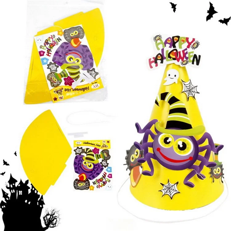 PJ-WMZ-02 Halloween Cartoon Hat DIY Paper Pointed Cone Party Hat for Kids Halloween Party Decor - Yellow  /  Spider