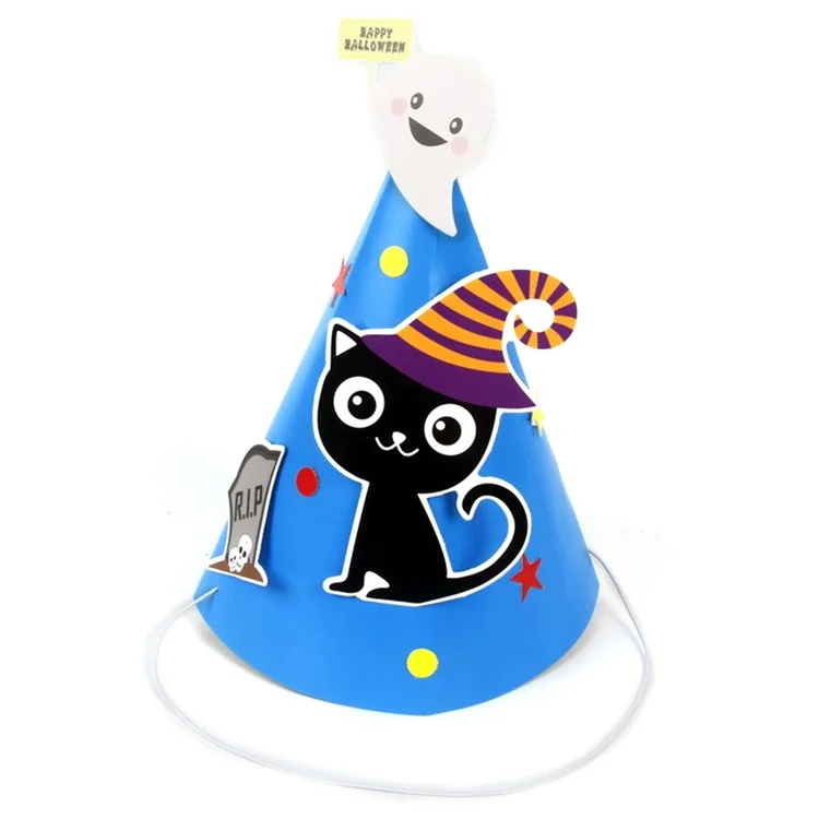 PJ-WMZ-02 Halloween Cartoon Hat DIY Paper Pointed Cone Party Hat for Kids Halloween Party Decor - Blue  /  Cat
