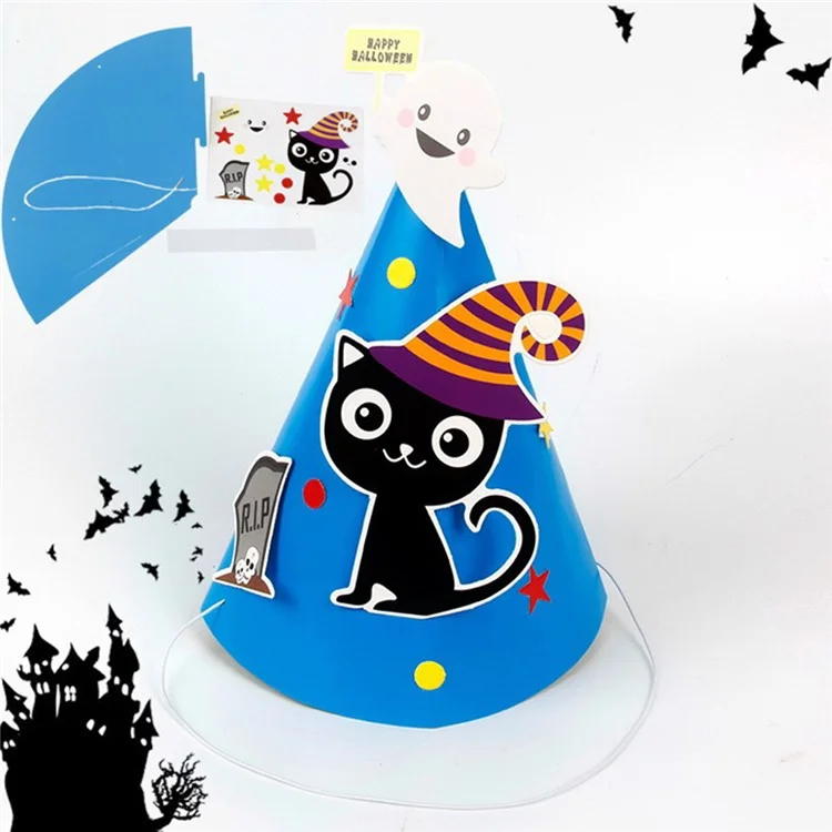 PJ-WMZ-02 Halloween Cartoon Hat DIY Paper Pointed Cone Party Hat for Kids Halloween Party Decor - Blue  /  Cat
