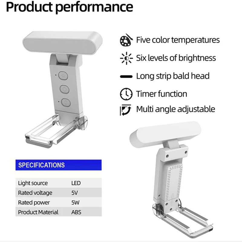 TB-126SALI Portable Rechargeable Book Clip Light Dimmable Reading Bookmark Foldable Lamp - Bar Shape / White