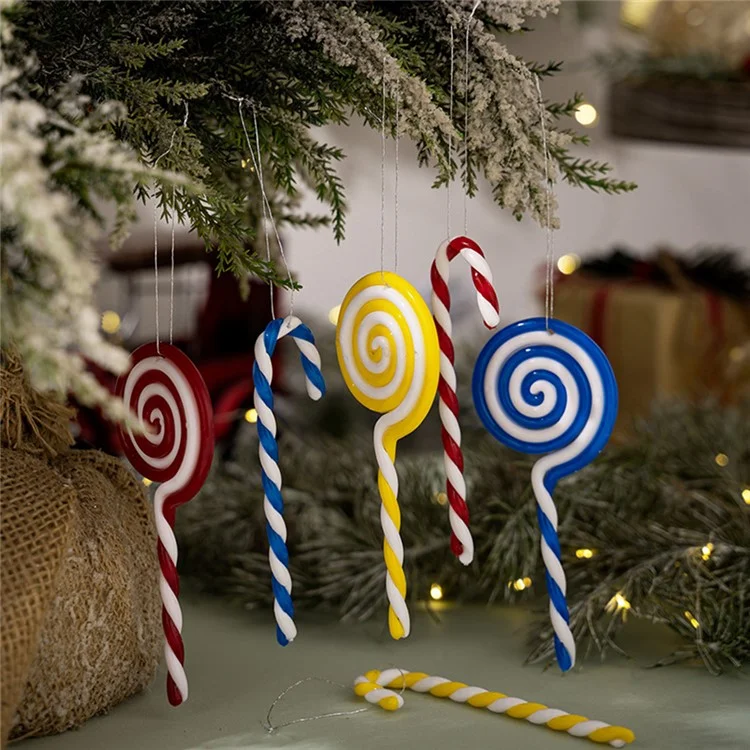 6 piezas / Set Caña de caramelo colorida de Navidad Adorno de PVC para colgar en el árbol de Navidad - Rojo+Amarillo+Azul