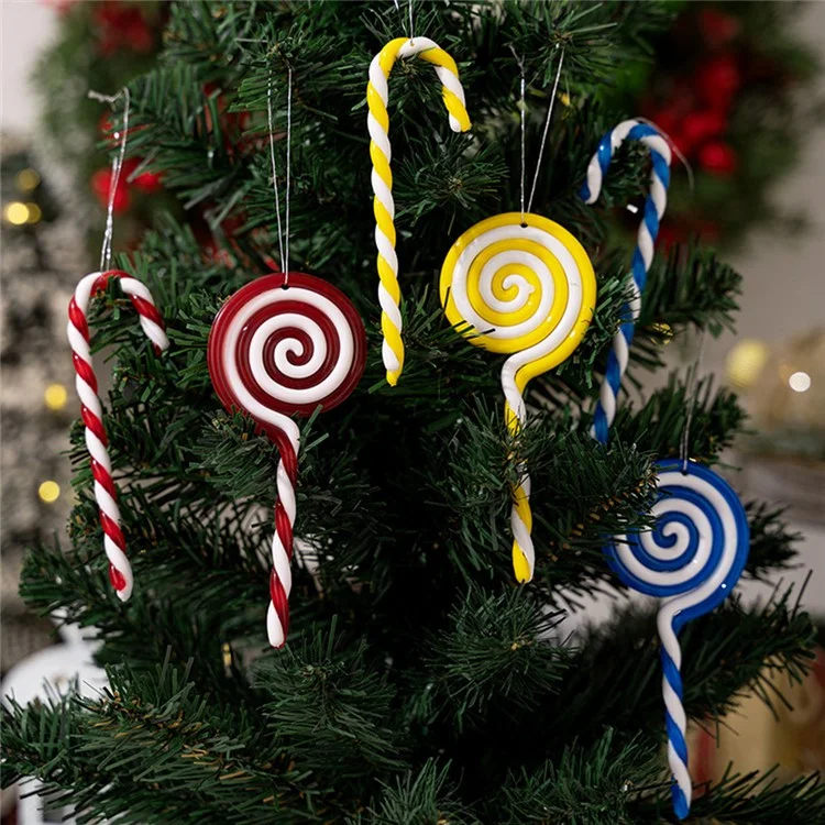 6 piezas / Set Caña de caramelo colorida de Navidad Adorno de PVC para colgar en el árbol de Navidad - Rojo+Amarillo+Azul