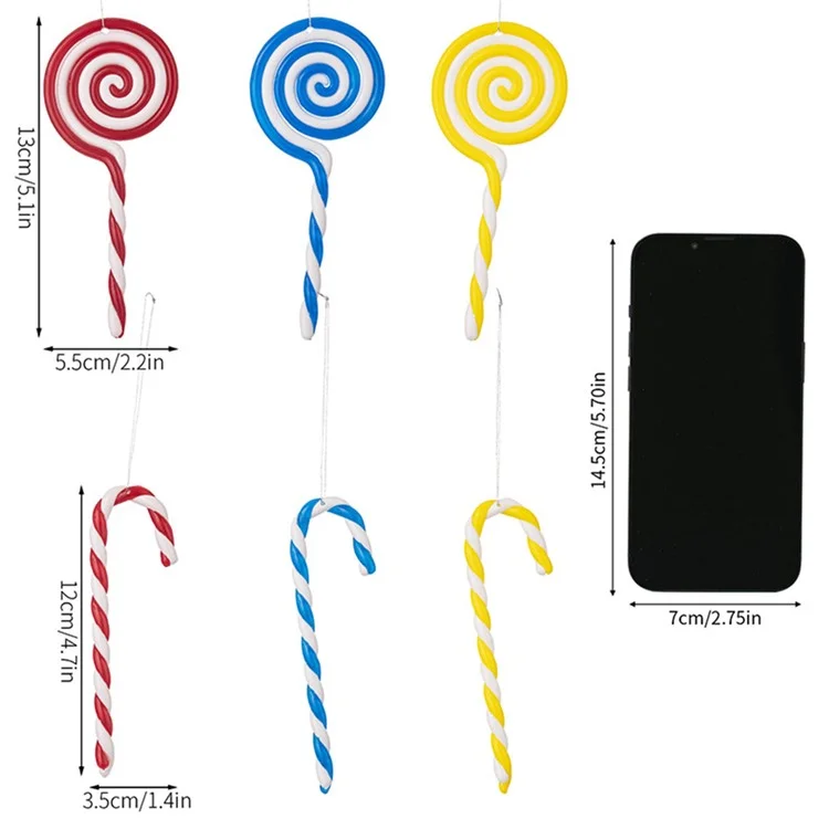 6 piezas / Set Caña de caramelo colorida de Navidad Adorno de PVC para colgar en el árbol de Navidad - Rojo+Amarillo+Azul