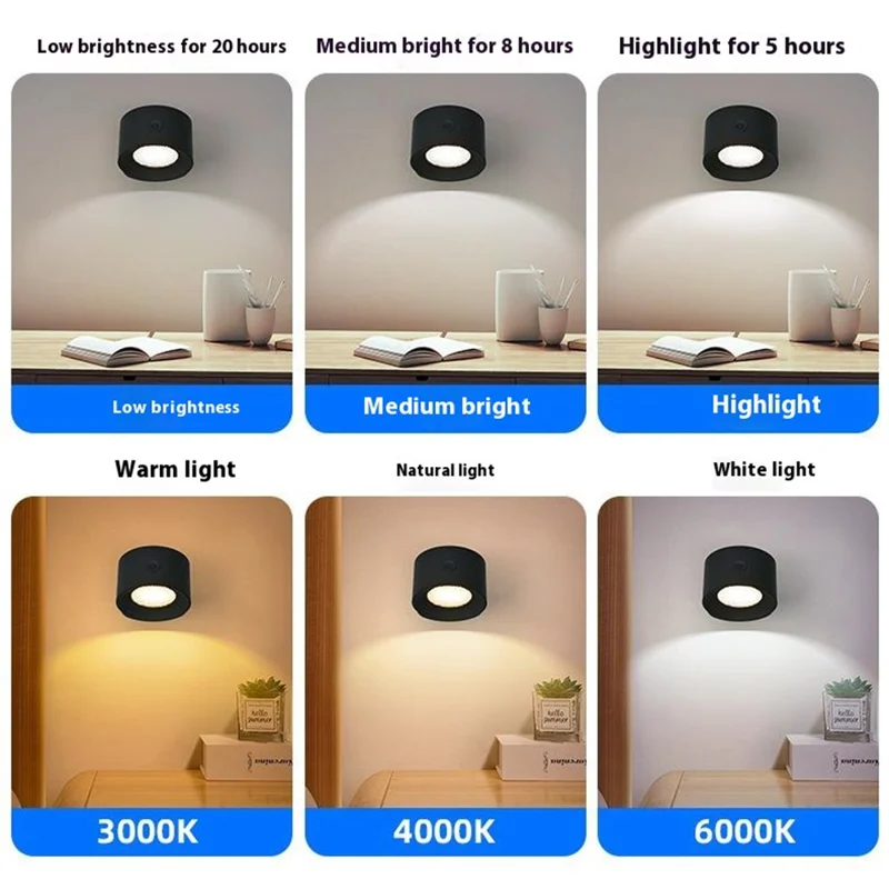 Single Head Rechargeable LED Desk Lamp 3 Gears 360 Degree Adjustable Bedside Light - Black