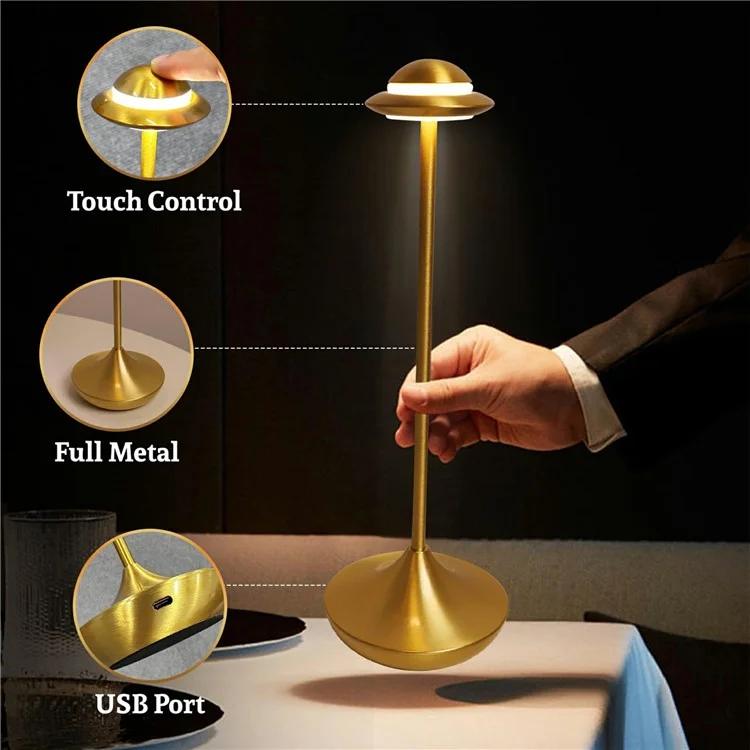 Touch Control Cordless Table Lamp UFO Shape Metal LED Light for Restaurant Hotel Bar - Grey