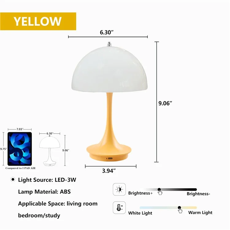 Nordic Mushroom Shape Table Lamp Three Colors Dimmable Bedside Night Light - Yellow