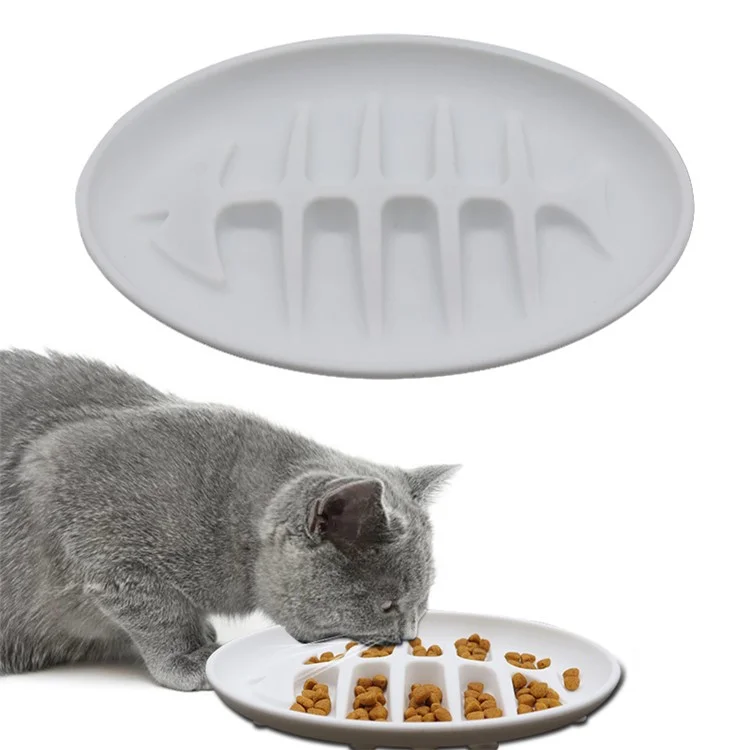 Cat Slow Feeder Bowl Fish Bone Design Preventing Choke Silicone Kitten Feeder Bowl - White