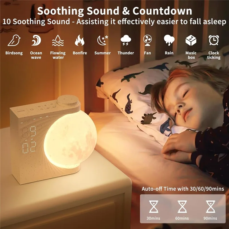A320 Moon Wake Up Ambient Light White Noise 3 Brightness Dual Alarm Digital Clock - EU Plug