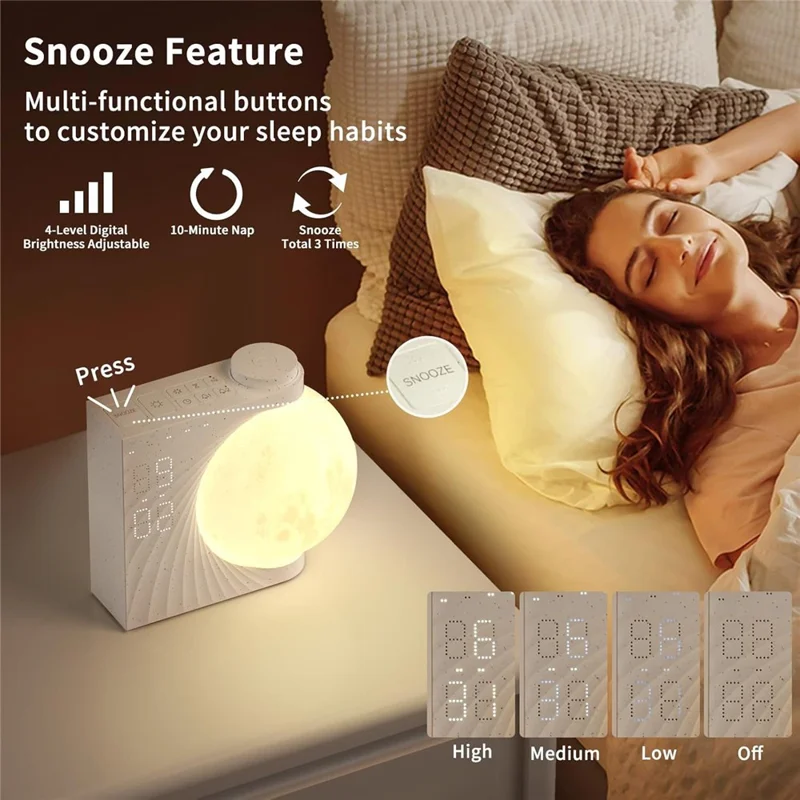 A320 Moon Wake Up Ambient Light White Noise 3 Brightness Dual Alarm Digital Clock - EU Plug