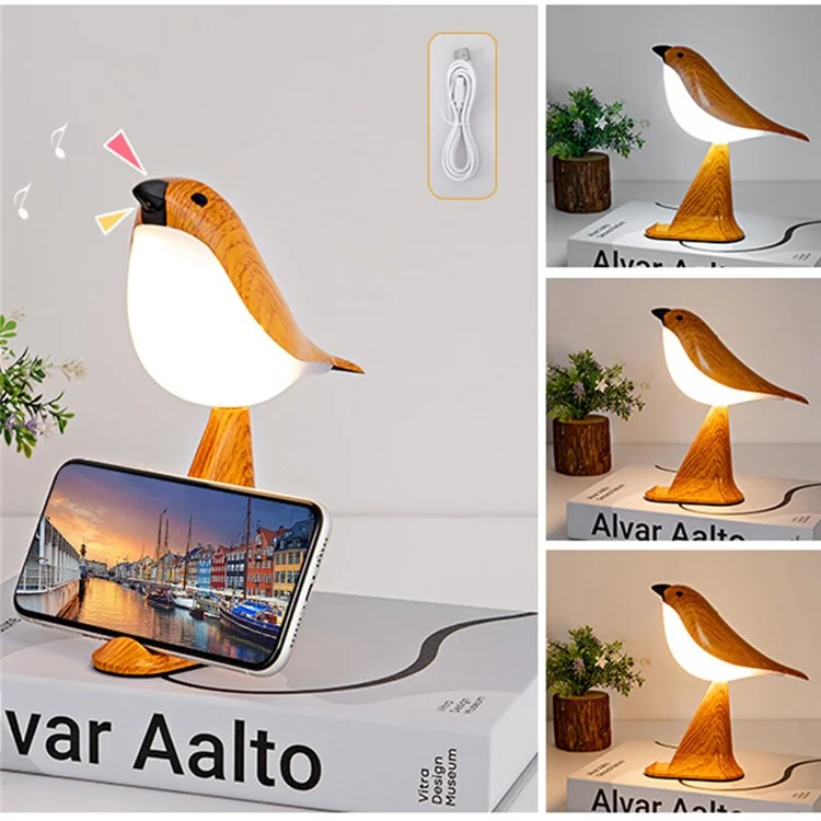 Creative Bird Shape Bedside Lamp Multifunction Aroma Diffuser Phone Holder Ambient Light with Sound - Yellow Wood Grain