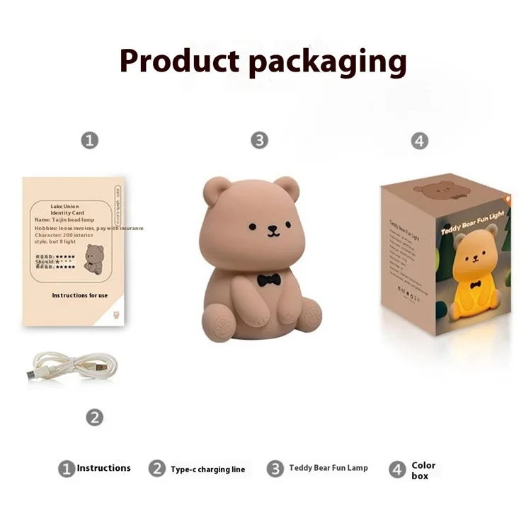 L2415 Cute Cartoon Bear Silicone Tap Light Home Desktop Bedside Night Light - Brown