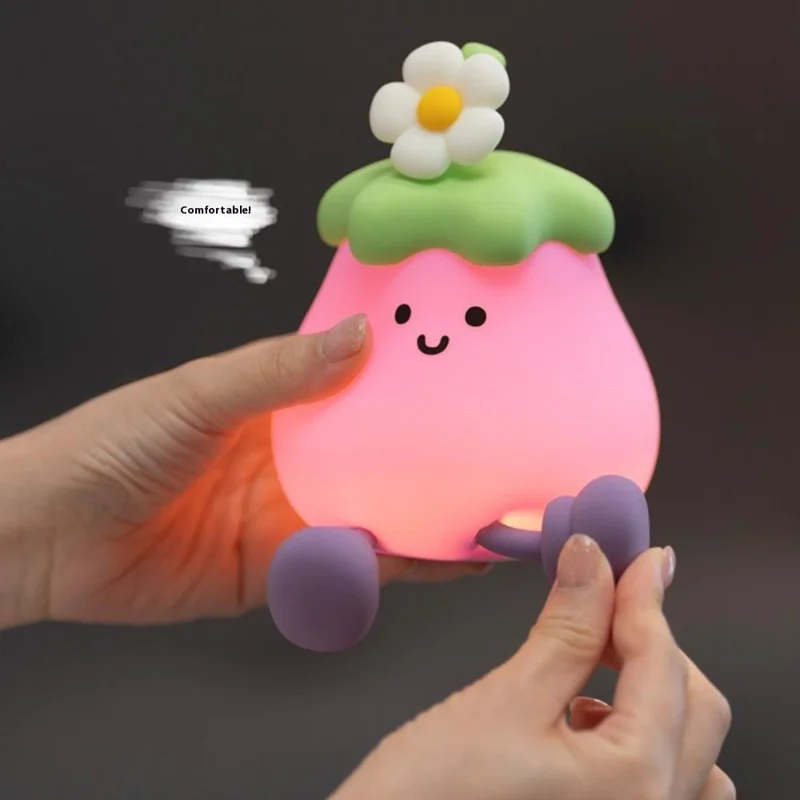 A047 Eggplant Tap Lamp Desktop Ornament Bedroom Bedside Atmosphere Night Light - With Flower