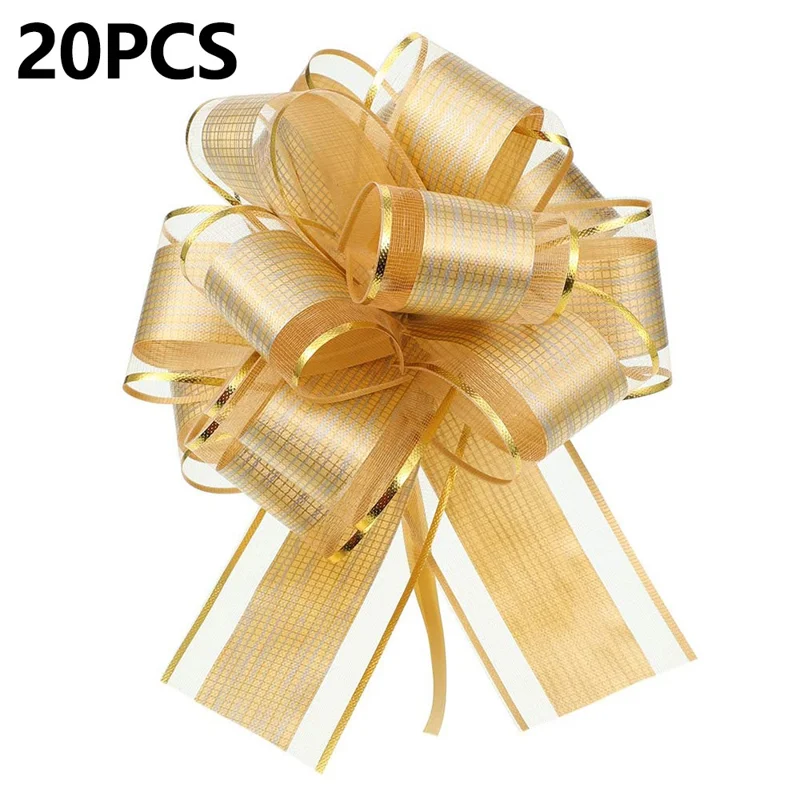 20Pcs 50# Size L Tree Bark Pull Bows Christmas Gift Wrapping Bows Flowers - Gold