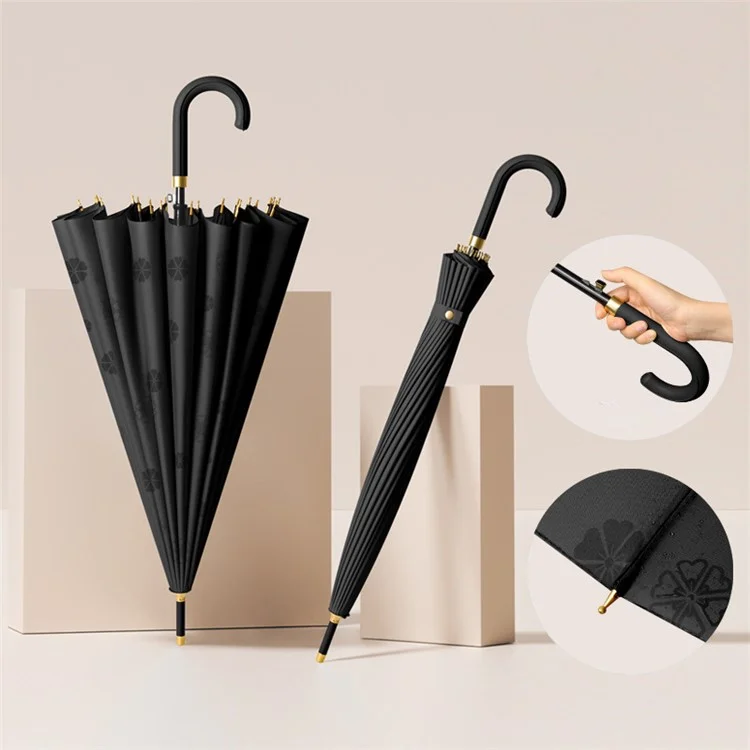 Automatic 24 Ribs Rain Umbrella Water Activated Flower Pattern Straight Umbrella with Curved Handle - Black