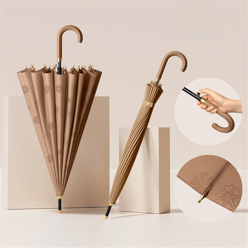 Automatic 24 Ribs Rain Umbrella Water Activated Flower Pattern Straight Umbrella with Curved Handle - Dark Coffee