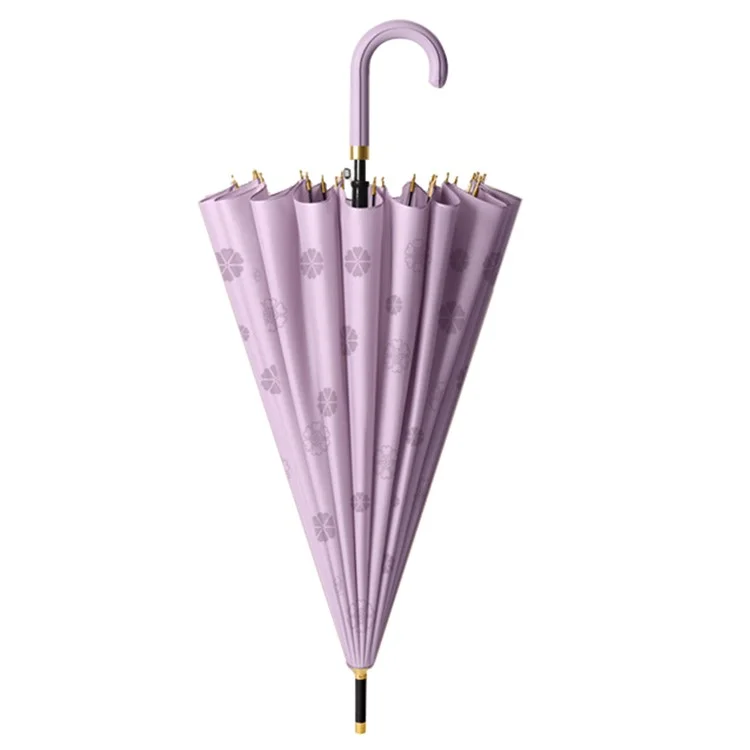 Automatic 24 Ribs Rain Umbrella Water Activated Flower Pattern Straight Umbrella with Curved Handle - Purple